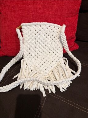 Handwoven White Macrame Fringe Crossbody Bag